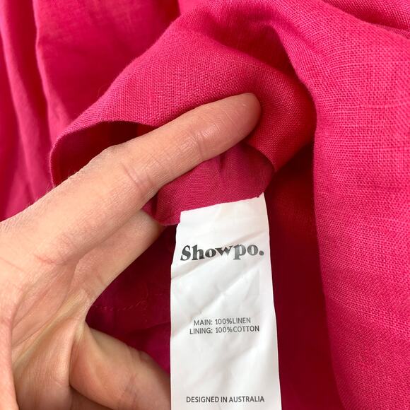 Showpo. Amalie The Label Hamyya Linen Tie Back Puff Sleeve Mini Dress Magenta-2 - Picture 8 of 8